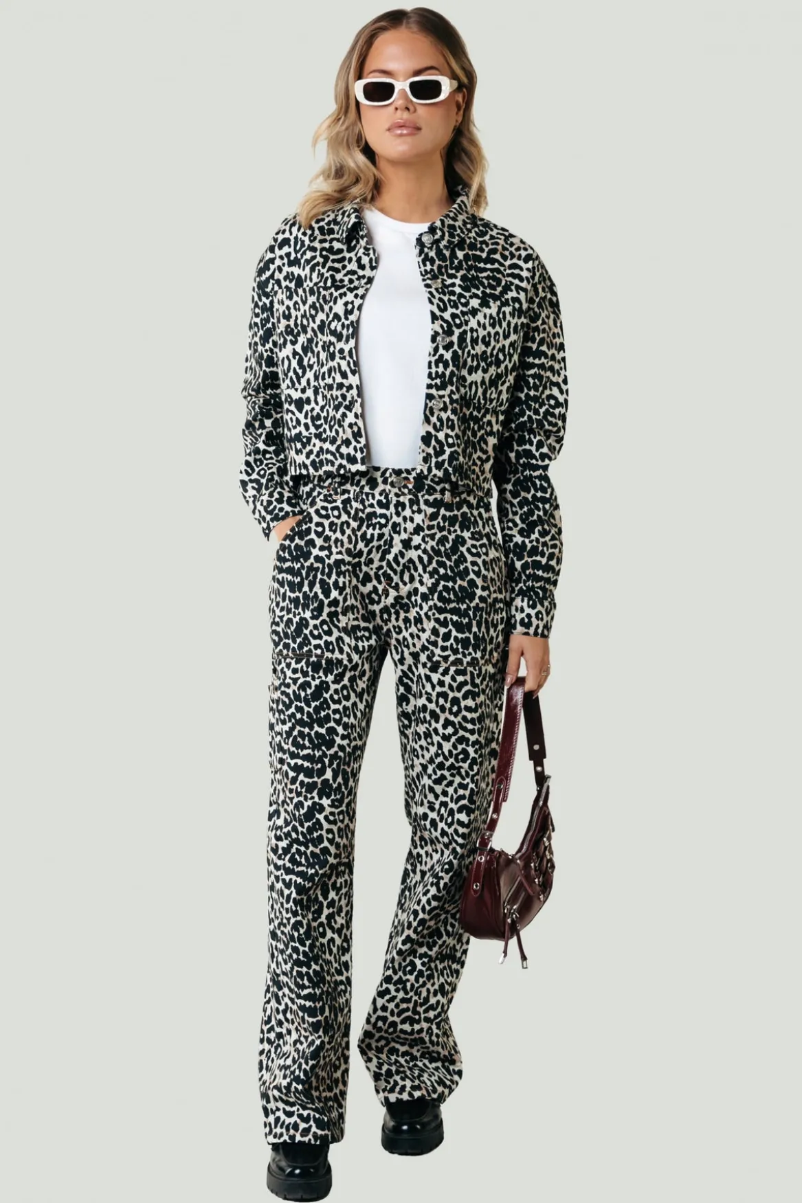 Blouses*Colourful Rebel Olle Leopard Cropped Denim Blouse | Beige