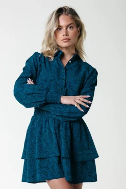 Jurken*Colourful Rebel Sacha Floral Ruffle Dress | Deep Teal Deepteal