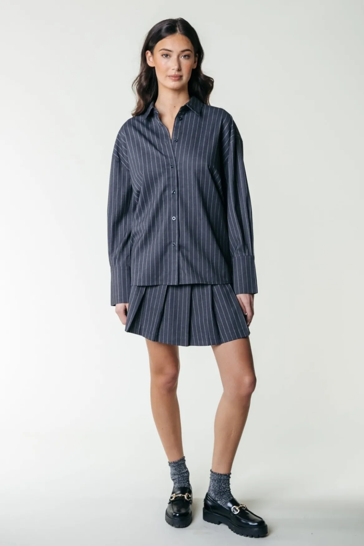 Blouses*Colourful Rebel Talia Pinstripe Blouse | Dark Anthracite Darkanthracite